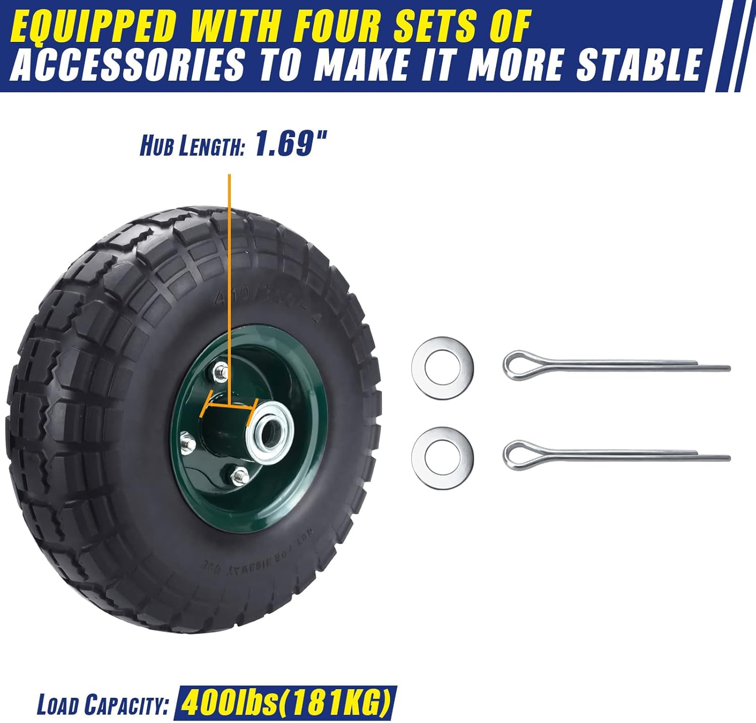 2 Pcs 10 Flat Free Tires Solid Pneumatic Tires Wheels, 4.10/3.50-4 Air Less Tires with 5/8 Center Bearings, for Wheelbarrow/Trolley Dolly/Garden Wagon Carts/Hand Truck/Wheel Barrel/Lawn Mower, 2 Pack